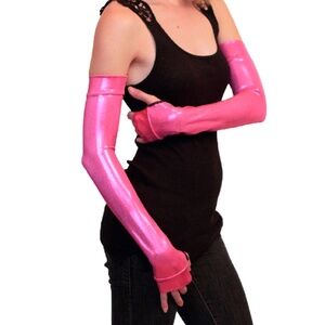 Pink Gloves Long Arm Warmers Shiny Holographic Sleeves Cosplay Costume Spandex